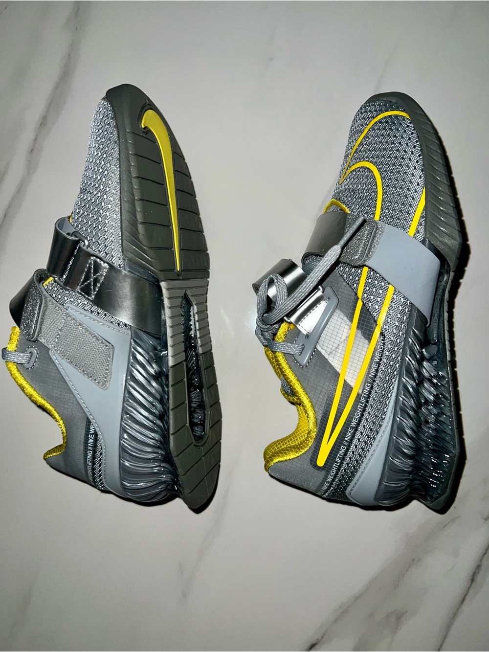 Nike Mens Gray and Yellow Athletic Shoes with Loop Straps weightlifting firm